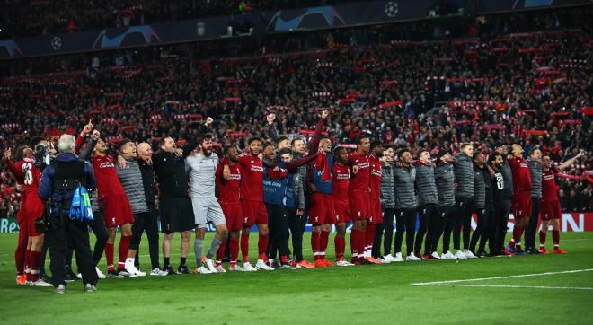 Los jugadores del Liverpool celebran la remontada frente al Barça. (Foto: Twitter).