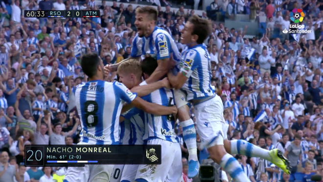 Portu celebra por todo lo alto el gol de Nacho Monreal frente al Atlético de Madrid.