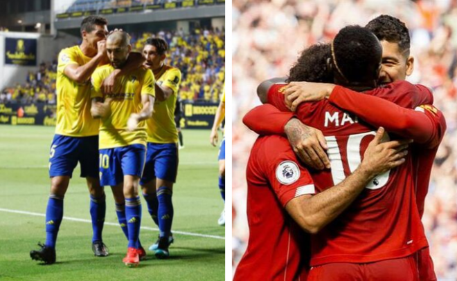 Los jugadores del Cádiz y el Liverpool celebran uno de los goles del fin de semana.