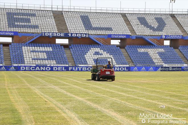 Se efectuará una nueva resiembra en el césped del estadio Nuevo Colombino (Manu López / Albiazules.es).