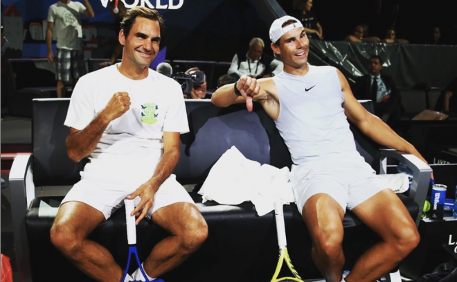 Roger Federer y Rafa Nadal, en un entrenamiento de la Laver Cup 2019 (Foto: @rogerfederer).