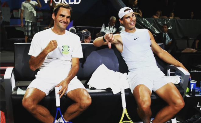 Roger Federer y Rafa Nadal, en un entrenamiento de la Laver Cup (Foto: @rogerfederer).