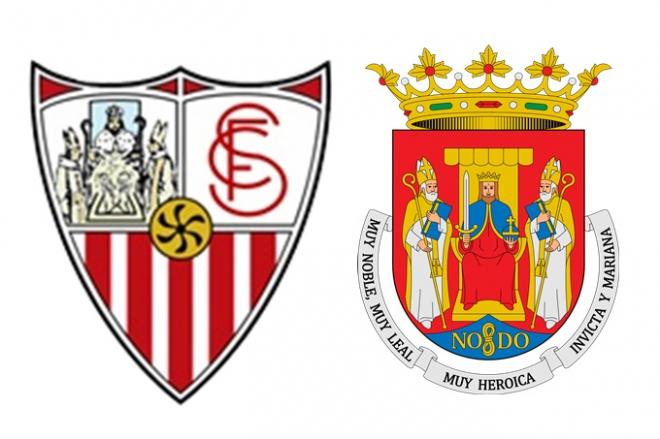 Primer escudo estilo suizo del Sevilla (1921) y el escudo de la capital andaluza.
