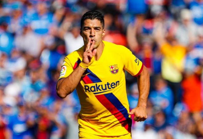 Luis Suárez, celebrando su tanto en el Coliseum (Foto: FCB).