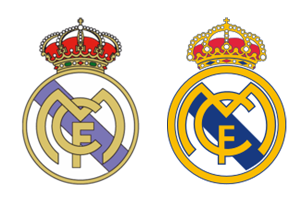 El escudo del Real Madrid entre 1941 y 2001 (izquierda) y el emblema del club blanco durante el siglo XXI (derecha).