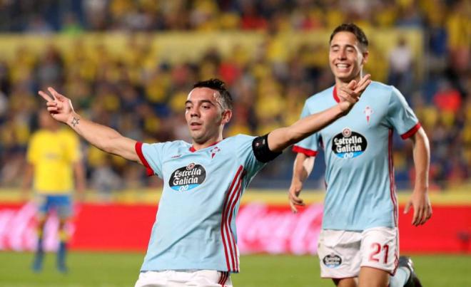 Aspas celebrando uno de sus tres goles ante Las Palmas (Foto: EFE).