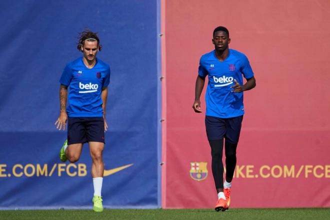 Griezmann y Dembélé, durante un entrenamiento (Foto: FCB).