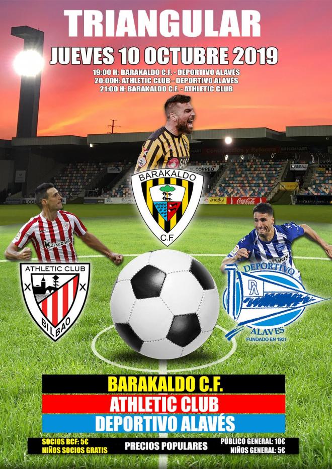 Cartel del triangular que jugarán el jueves 10 en Lasesarre Barakaldo, Athletic y Alavés.