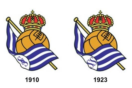 Primeros escudos de la historia del club txuri urdin en 1910 y 1923.
