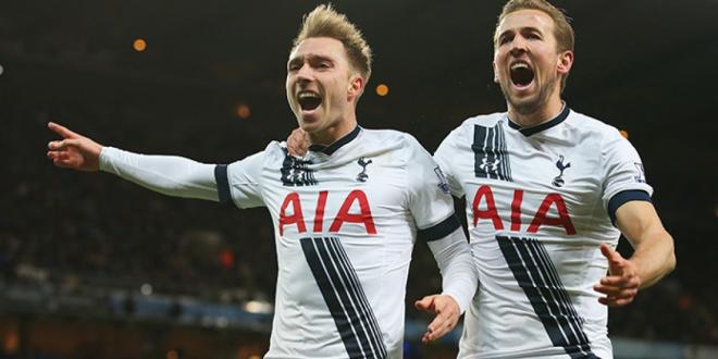 Kane, que está en la agenda del Real Madrid, celebra un gol del Tottenham con Eriksen.