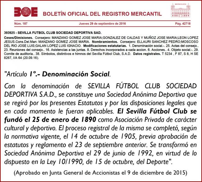 Estatutos actuales del Sevilla FC, aprobados por el BORME.