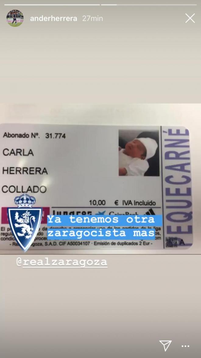 Ander Herrera ha abonado a su segunda hija al Real Zaragoza tan solo tres días después de su nacimiento (Foto: Instagram @anderherrera).