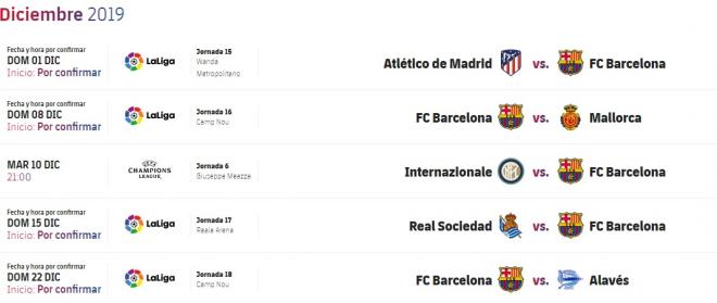 Situación actual del calendario del FC Barcelona para diciembre a la espera de confirmación de nuevas fechas.