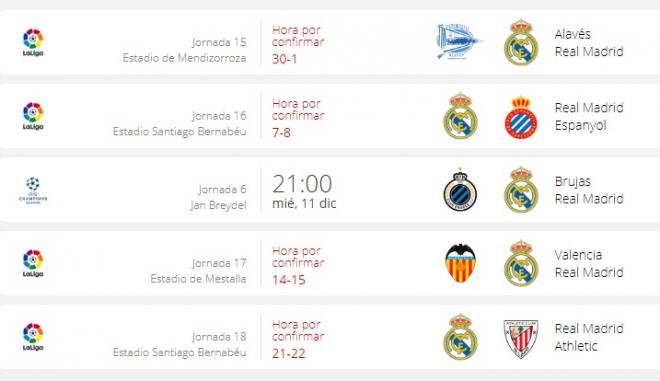 Situación actual del calendario del Real Madrid para diciembre a la espera de la nueva fecha de El Clásico.