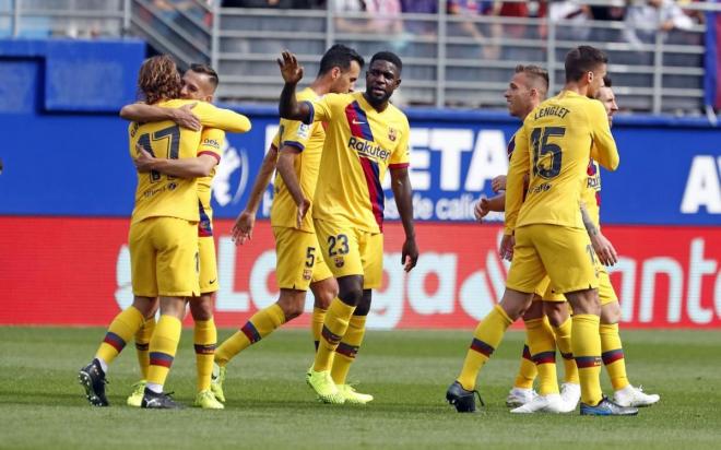 Umtiti y Lenglet acuden a la celebración del gol de Antoine Griezmann (Foto: FCB).