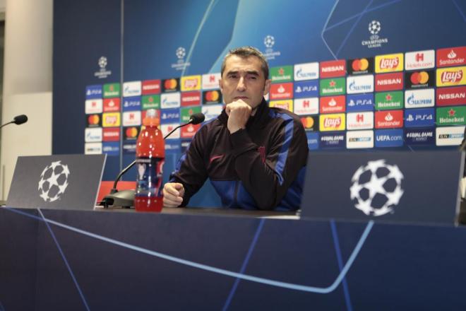 Ernesto Valverde, en la rueda de prensa previa al partido ante el Slavia de Praga.