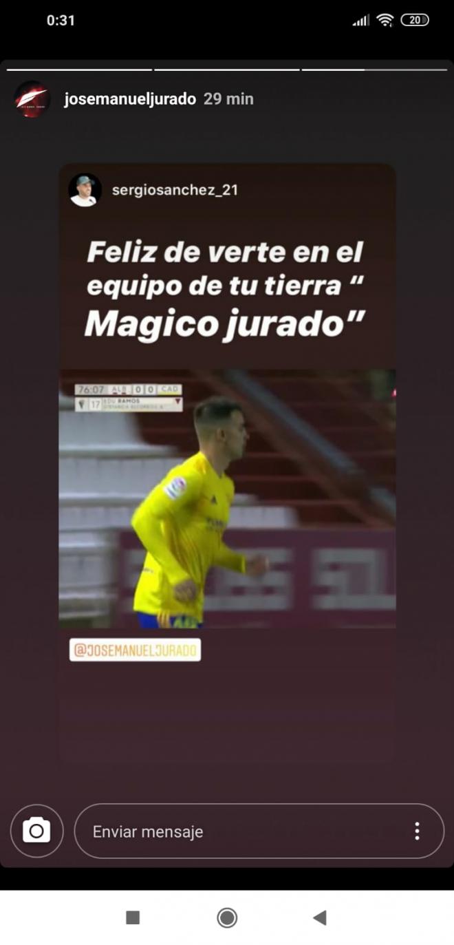 'Instagram Story' de Jurado compartiendo la publicación de Sergio Sánchez sobre el debut del sanluqueño.