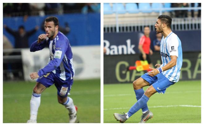 Apoño y Antoñín celebran sendos goles con el Málaga.