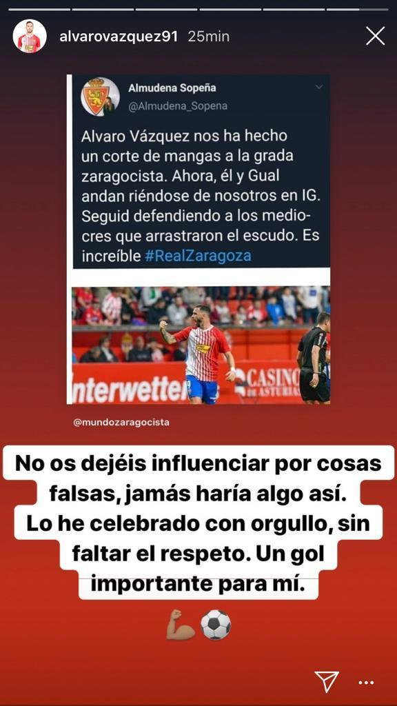 Publicación de Álvaro Vázquez desmintiendo una falta de respeto a la afición del Real Zaragoza (Foto: @alvarovazquez91).