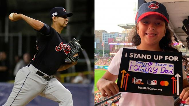 A la izquierda, Carlos Carrasco durante un partido (EFE); a la derecha, su hija Camila (Foto: Cortesía de Carlos Carrasco para The Players Tribune).