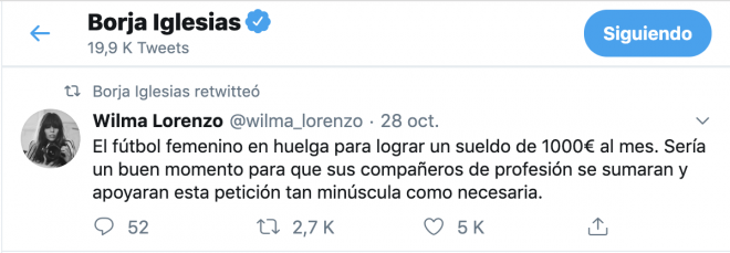 El rt de Borja Iglesias al tuit de Wilma Lorenzo sobre el fútbol femenino.