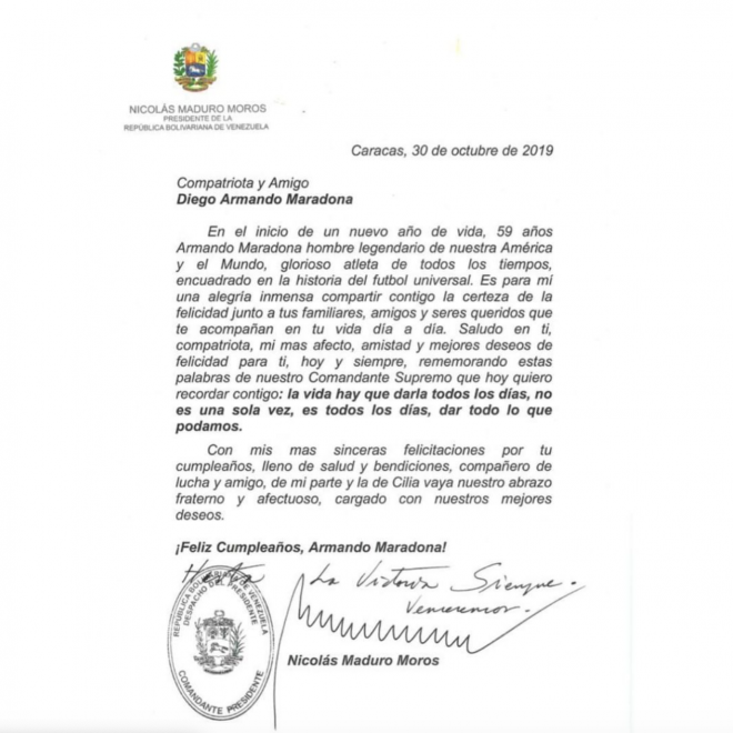 La carta que Maradona ha recibido de Nicolás Maduro por su 59 cumpleaños (Foto: @maradona).