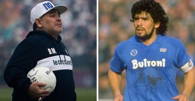 Diego Armando Maradona, en 2019 con Gimnasia y a finales de los 80 con la camiseta del Nápoles.