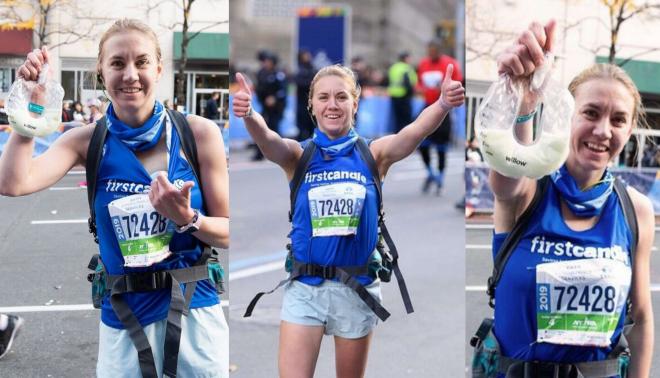 Molly Waitz, con el extrator de leche durante la maratón de Nueva York (Fotos: Joe Jennkins, de abcnews).