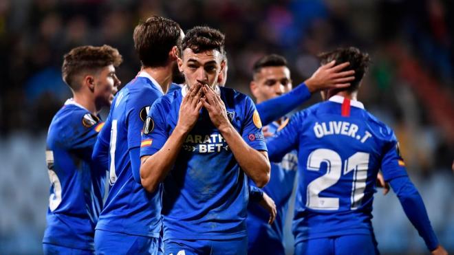 Munir celebra uno de sus goles al Dudelange.