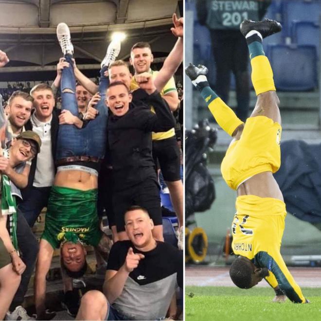 Los aficionados del Celtic celebran el gol de Oliver Ntcham colgados boca abajo como Benito Mussolini.