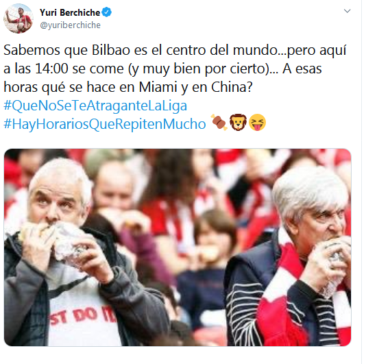 Tuit de Yuri Berchiche quejándose de los horarios del Athletic.