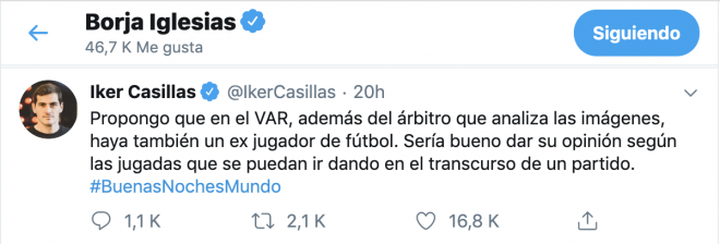 El tuit de Iker Casillas al que Borja Iglesias le ha dado un me gusta.
