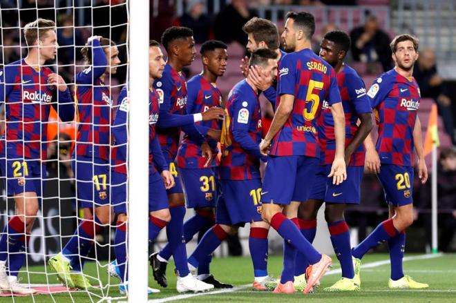 Celebración de uno de los goles de Messi ante el Celta.