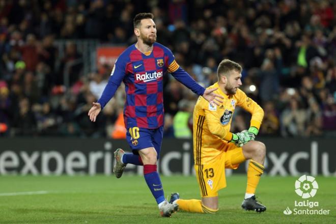 Messi, celebrando uno de sus goles ante el Celta.