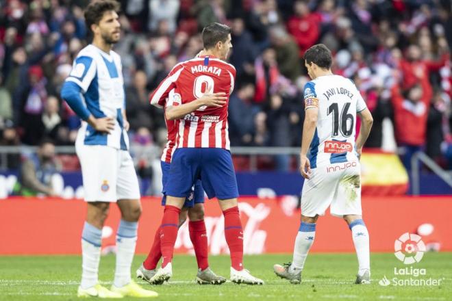Celebración del tanto de Morata en el Atlético-Espanyol.