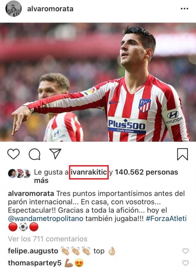 El me gusta de Rakitic a Morata, jugador del Atlético de Madrid.