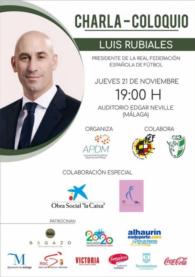 Cartel que presenta la charla que dará Luis Rubiales en Málaga.