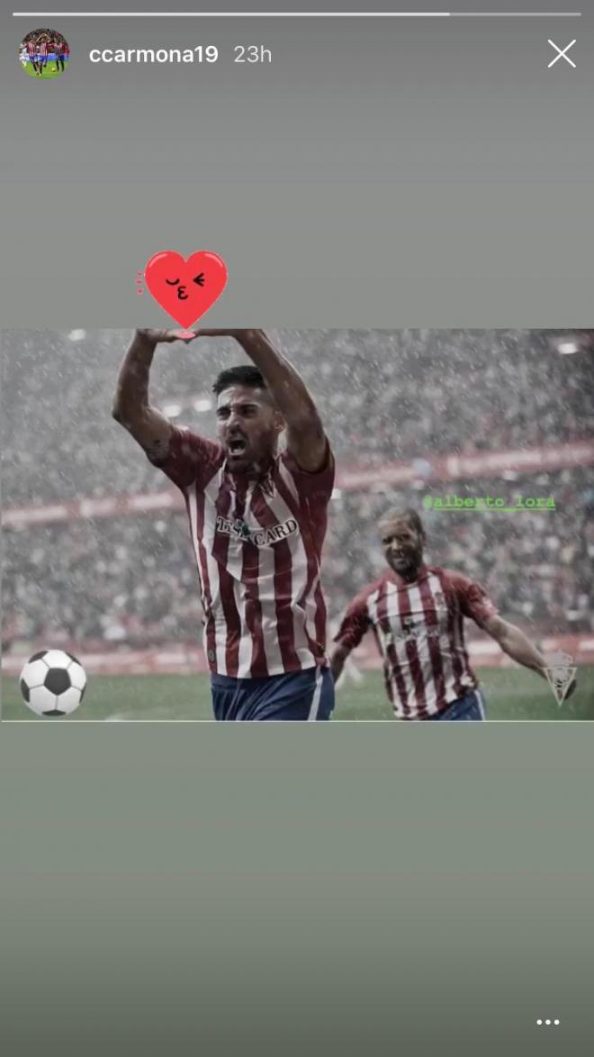 Carmona, en una historia de Instagram, celebrando un gol en un derbi asturiano (Foto: @ccarmona19).