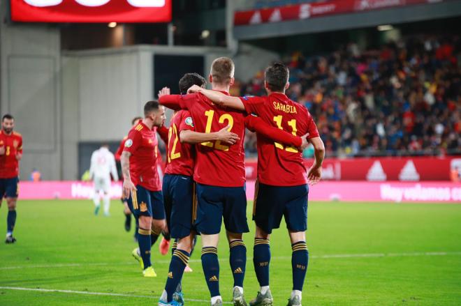 Celebración del tanto de Dani Olmo ante Malta. El jugador fue objetivo del Atlético de Madrid (Foto: Cristo García).