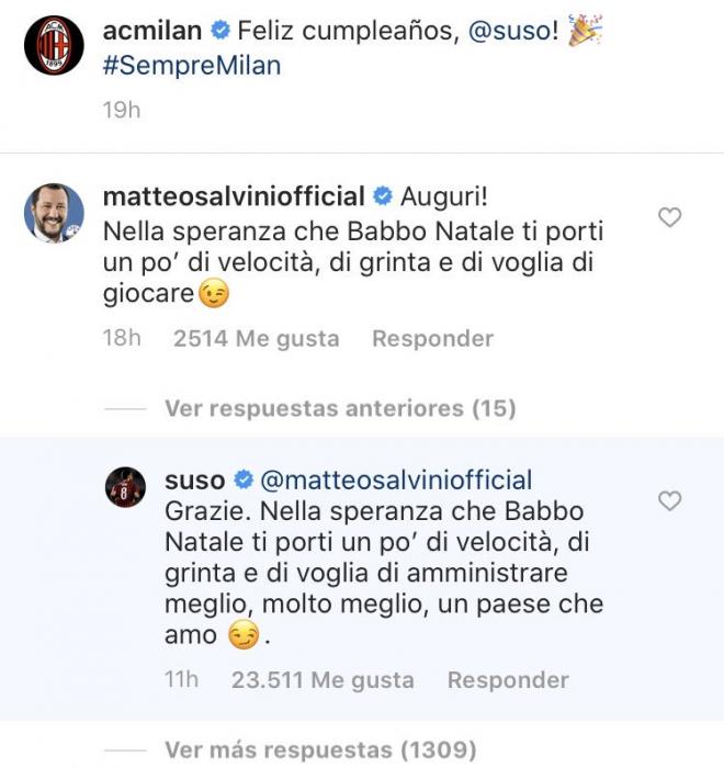El intercambio de mensajes en Instagram entre Matteo Salvini y Suso.