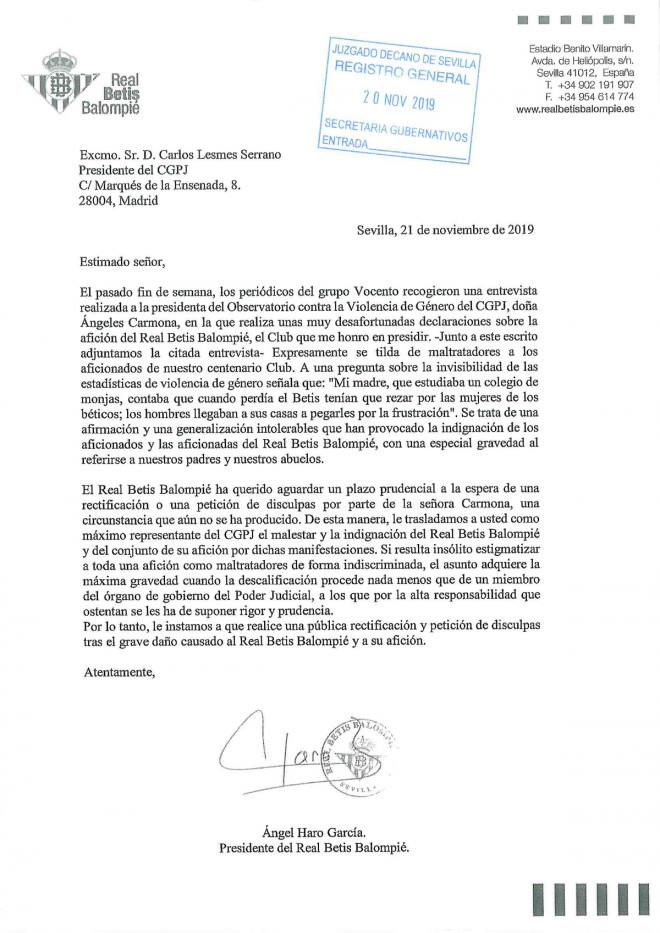 Carta del Betis al CGPJ.