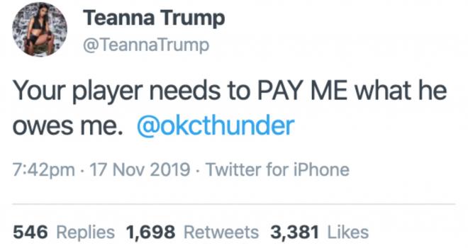 El tuit de Teanna Trump a los Oklahoma City Thunder por la deuda de uno de sus jugadores.