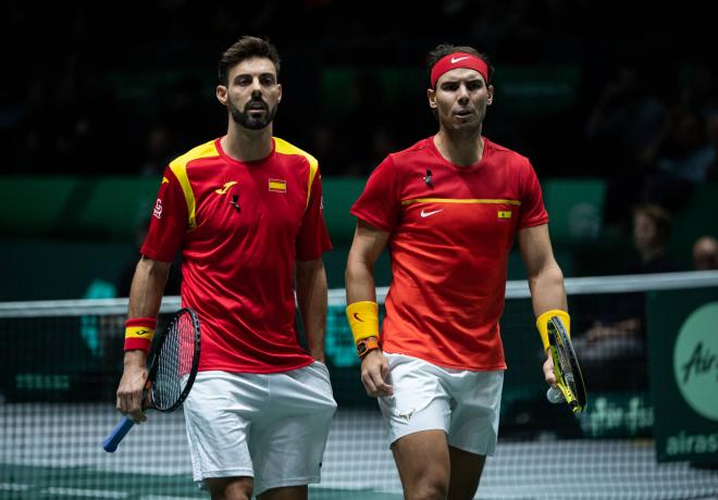 Marcel Granollers y Rafa Nadal antes del partido ante Argentina.