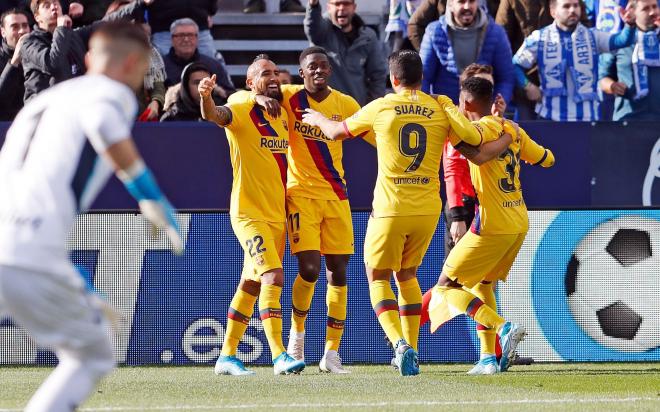 Arturo Vidal celebra con sus compañeros el gol que marcó en Leganés (Foto: @kingarturo23).