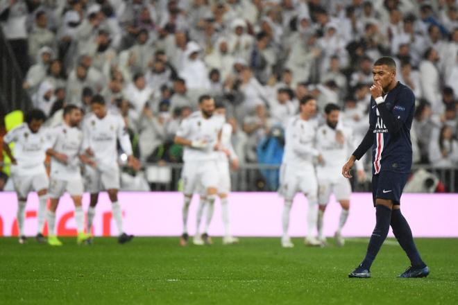 Kylian Mbappé, tras un gol del Real Madrid al PSG.