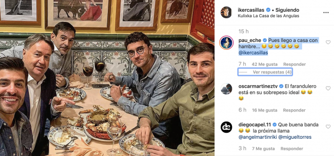 Los comentarios en Instagram de Paula Echevarría y Diego Capel a la cena de Iker Casillas y Miguel Torres junto a otros amigos.
