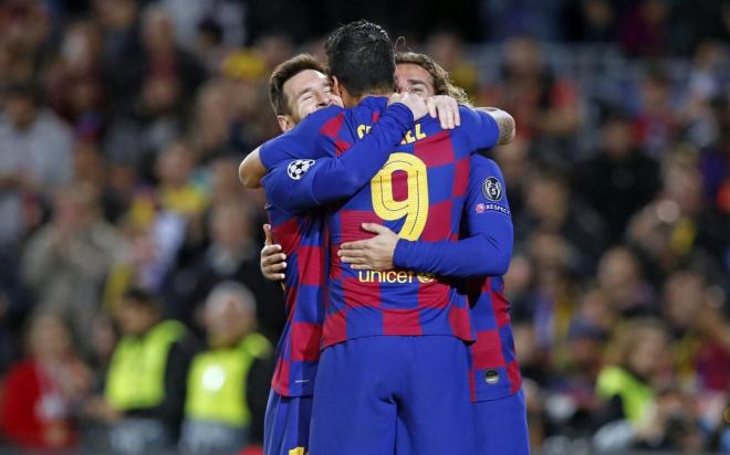 Luis Suárez, Messi y Griezmann celebran uno de los tres goles anotados ante el Borussia Dortmund (Foto: FCB).