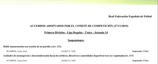 Sanción de la RFEF a Lucas Ocampos.