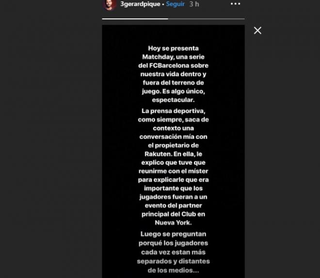 El mensaje de Gerard Piqué en su Instagram.