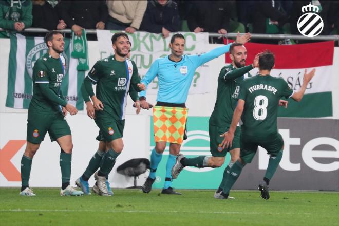 Los jugadores del Espanyol celebran el gol de Darder ante el Ferencvaros.